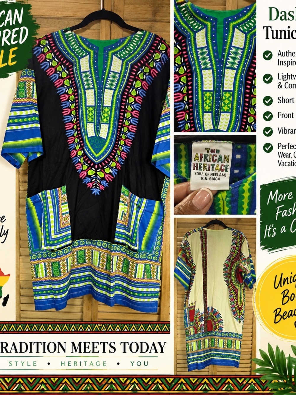 Utopia Africa Designs Black, Green & Blue Dashiki Button-Down Shirt